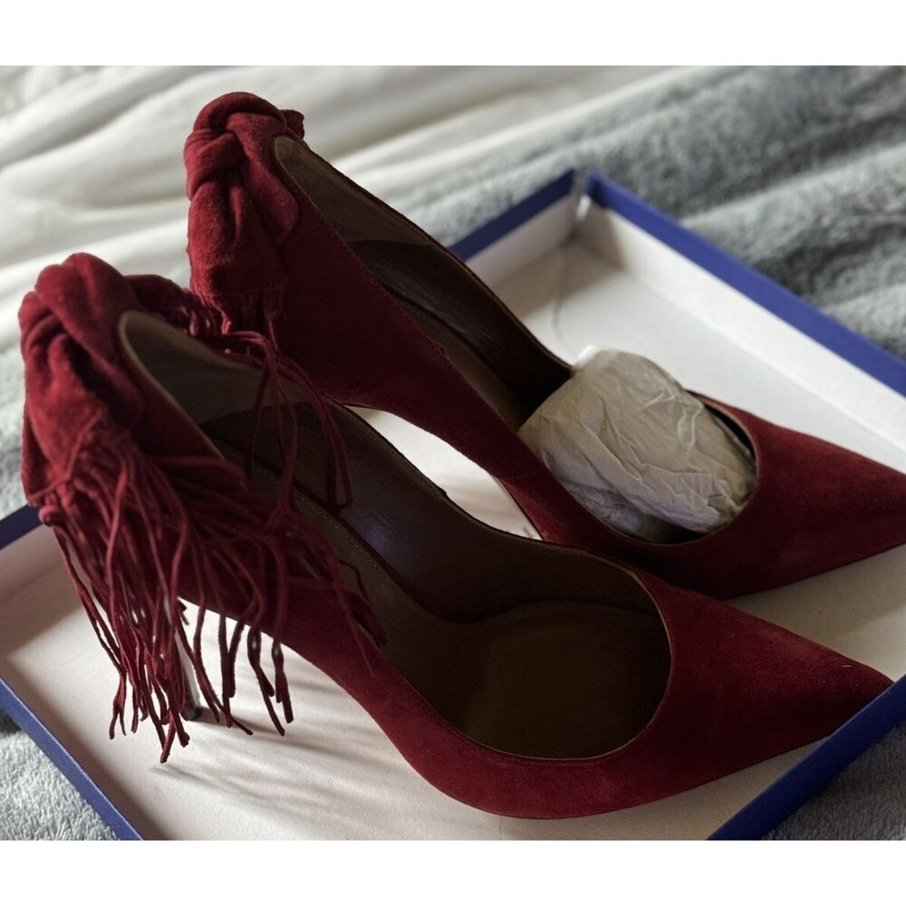 Aquazzura Crimson Red Suede Fringe Bow Tassel Pumps Heels, Size 9.5, Authentic